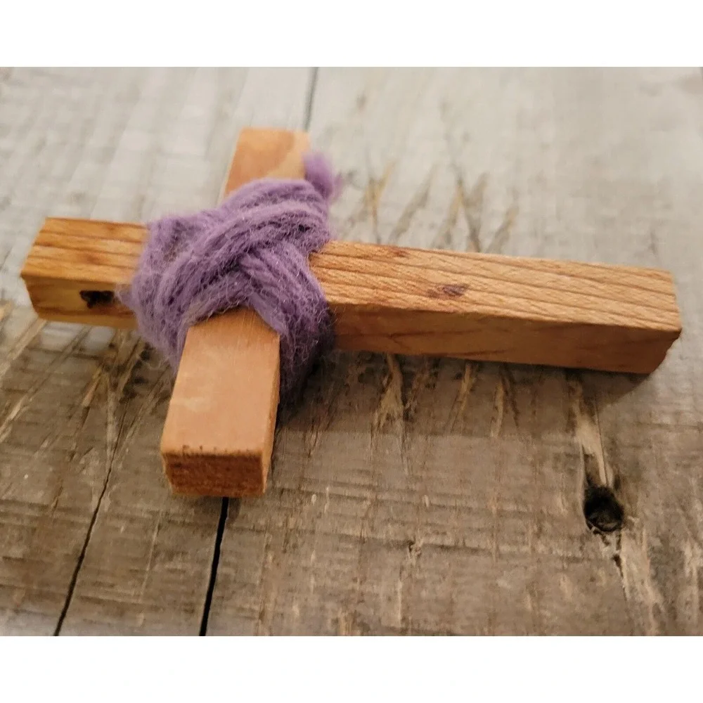 VINTAGE  WOODEN CROSS  PENDANT  With Purple‎ Wrap 3 Inches Large